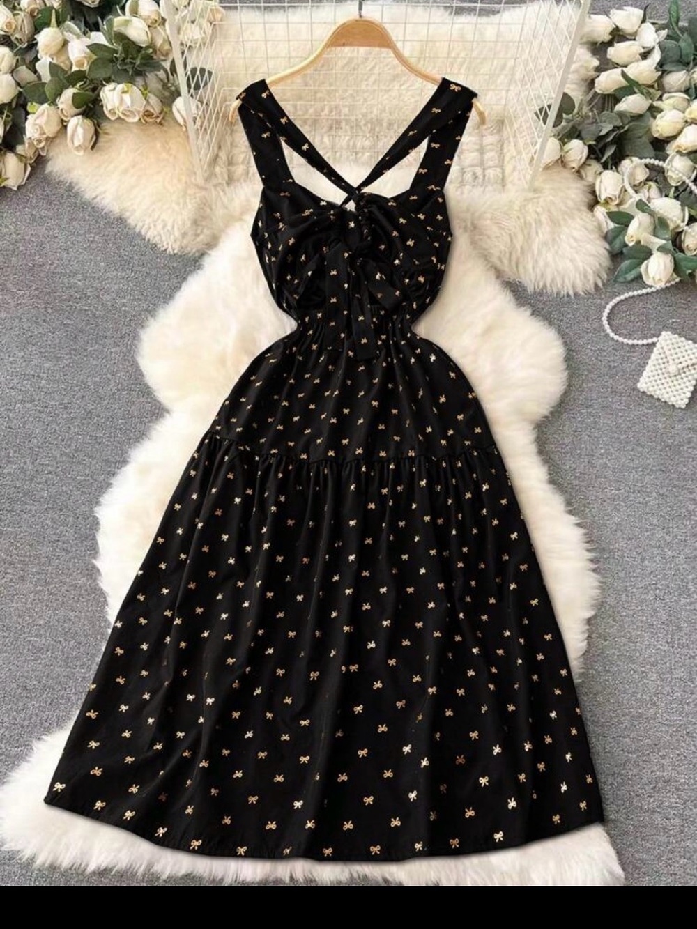 Women’s Black Maxi Dress with Gold Floral Accents and Bow-Back